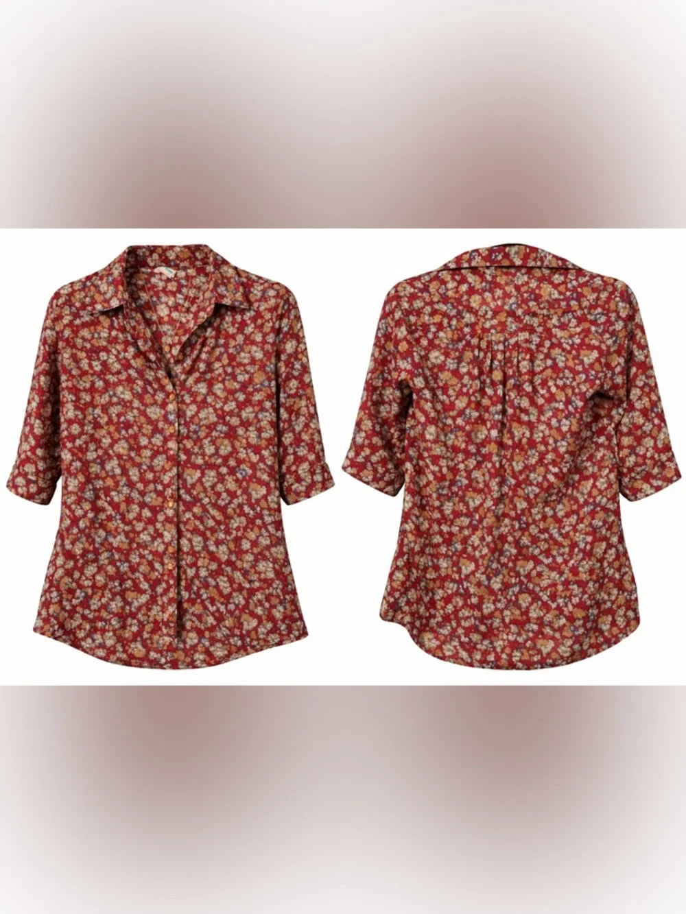VIVA FLEUR Vintage Red Floral Button-Up Blouse Sz 7 Retro Cottagecore BohoTop - Picture 2 of 16